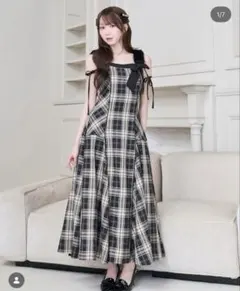 Fur strap check cami dress