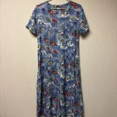 ユニティ ワンピース Ｖネック 半袖 花柄 M 青 レーヨン リゾート