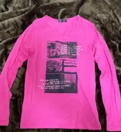 ピンク 長袖 Vネック Tシャツ