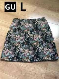 GU ジーユー ミニスカート ゴブラン L 黒 花柄