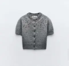 ZARA ビジュー付きグレー半袖ニットカーディガン