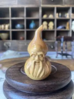 天然木彫り　可愛い瓢箪　 七福神　寿老人 木彫 彫刻 縁起物　置物　彫り物