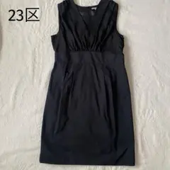 23区 異素材切替 ワンピース 44 大きいサイズ 黒 ノースリーブ