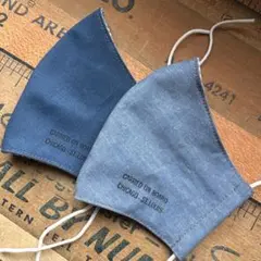 ハンドメイド布マスク★10077 大人用 綿麻、ダンガリー。ブルー 青系。白ゴム