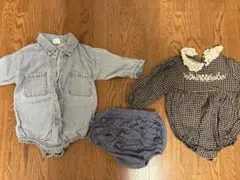 デニムロンパース・チェック柄ロンパース3点セット
