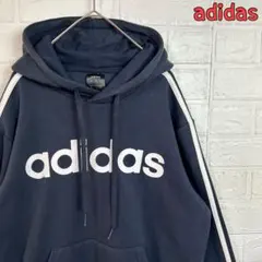 adidas プリントロゴ 3本ライン 裏起毛 スウェット パーカー 古着
