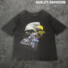 80s ハーレー 3Dエンブレム ビンテージTシャツ L 黒 イーグル＊6870 