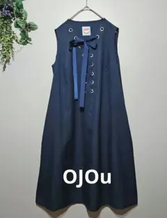 【オジョウ】湯山玲子ネイビー ノースリーブロングワンピースMリボンゆったり
