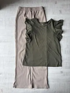 カーキフリルトップス ベージュロングパンツ 130