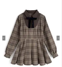 リボン付きシャツドッキングチェック柄プリーツミニワンピース[tu1890]