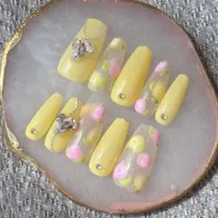 現品　ネイルチップ　フレンチガーリー　ニュアンス　ハート　黄色　ワンホン　落書き