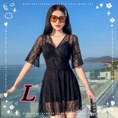 値下げ Lサイズ ブラック シースルーワンピ 水着 レース Ⅴネック体型隠し