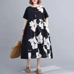 ワンピース 夏 オーバーサイズ 白 黒 韓国 花柄 ゆったり 半袖 ロング 新作