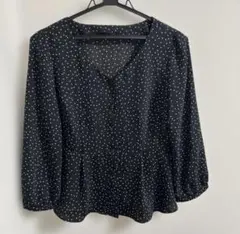 【美品】ドットブラウス　ブラック　リボン付き
