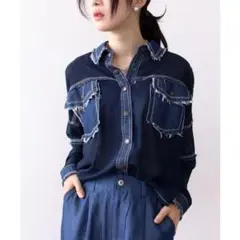 DOLLUPOOPS デニム×シアーシャツ　ネイビー フリンジ付きシャツのサムネイル