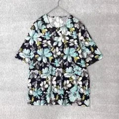 綿100% 大花柄　総柄　カットソー　Tシャツ　M〜L ネイビー　未使用タグ付き