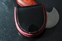 BIG大容量本革極厚 半円型馬蹄型小銭入れ手縫いダブルカラーブラック/レッド
