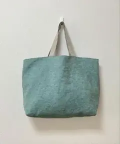 ハンドメイド　リトアニアリネンのバッグ　シーグリーン　大きめ