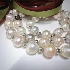 真珠　大粒パール　10mm～　マルチカラー　約61cmシルバー　ロングネックレス