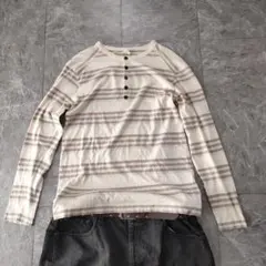 henley neck border long sleeve beige y2kのサムネイル