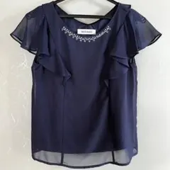 美品✨MISCH MASCH 襟元ビジュー半袖ブラウス ネイビー