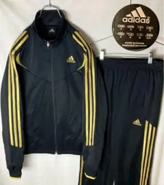 adidasブラック×ゴールドジャージトラックジャケットセットアップ上下セット