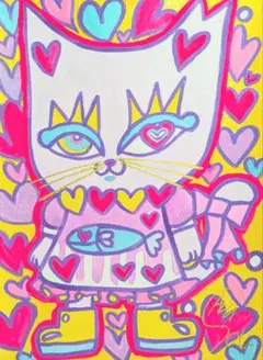 【保護猫さん　おめかし】A5 額無し☆　絵画　イラスト　猫の絵　猫　アート 保護猫さん おめかし】A5 額無し 絵画 イラスト 猫の絵 猫 アート