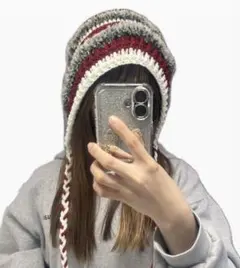 ハンドメイド もこもこフード帽子 バラクラバ レッド×ホワイト