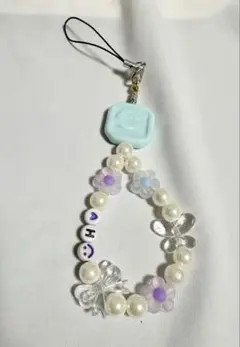 花と蝶のビーズストラップ 水色&紫