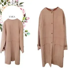 【ザラZARA】スエード調ノーカラーロングコート長袖ボタンポケットくすみピンクS
