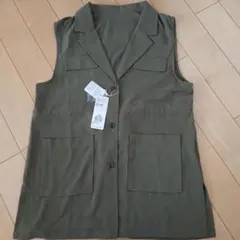 新品未使用♪アウター レディース とろみ　開襟ベスト　ジレ　カーキ