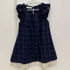 ネイビー チェック柄 フリル袖 ワンピース