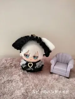 ぬい服　黒フリルドレス　黒と白の犬耳ヘッドドレス