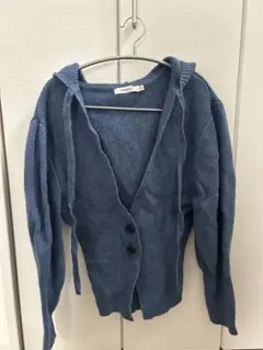 moussyフード付きリブ編みカーディガン 青