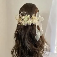 ドライフラワー髪飾り　和玉　リボンパーツ　金箔　水引付　オレガノグリーン　卒業式