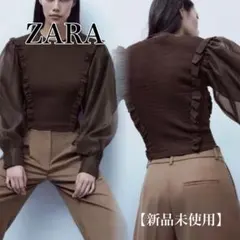 ザラ ZARA コントラストスリーブ ニット ブラウン