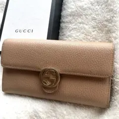 GUCCI 长钱包 皮革互扣式 G 金色五金配件 米色