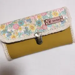 ハンドメイド長財布☆多機能財布☆小花とマスタードの組み合わせ☆送料込