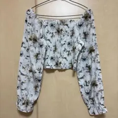 マーブル柄 長袖 Mサイズ シャーリング オフショルダー トップス SHEIN