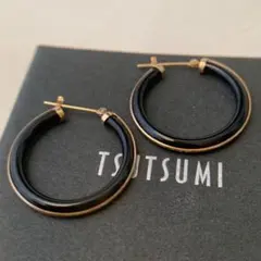希少 大きめサイズ k10 フープピアス ツツミ オニキス ゴールド 美品