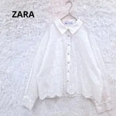 ZARA　ザラ　カットワーク刺繍レースブラウス　コットン　M　透け感　貝ボタンのサムネイル