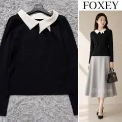 極美品》フォクシー フリルカラーブラウス レディブラック 七分袖 2022