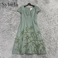 美品✨シビラ リネンコットン刺繍ワンピース 半袖 Vネック グリーン M