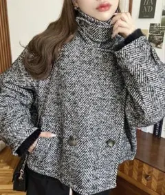 moment+フェイクウールヘリンボーン2wayカラーショートpコートジャケット