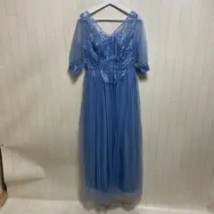 訳ありMANONDESIGN ドレス ロングドレス Aライン リーフ柄 ブルー