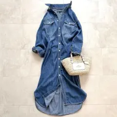 美品 アーバンリサーチ インディゴ デニム シャツ ロングワンピース ブルー