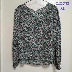 【1回のみ着用】UNIQLO 長袖ブラウス　花柄　XL　緑系