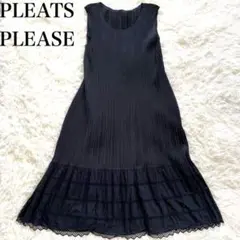プリーツプリーズ　ロングワンピース　Aライン ノースリーブ　黒　フレア