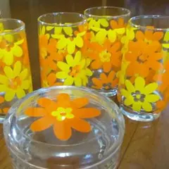 【昭和レトロ】HOYA CRYSTAL 花柄ガラス製のタンブラーセット（小箱付）