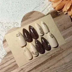 【現品】新作❤︎バレンタインネイル ブラウン バニラホワイト 手描きハート ラメ